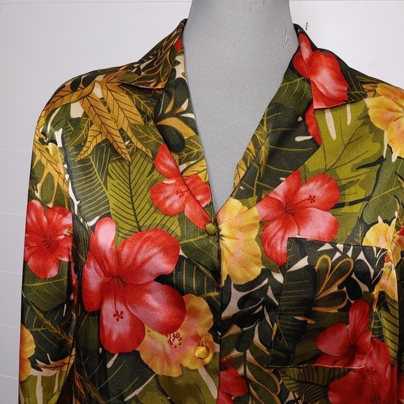 VINTAGE deadstock satin tropical print pajama set L - Picture 3 of 15